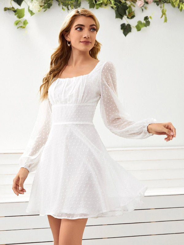 Dress- Elegant Swiss Dot A-Line Lantern Sleeve Square Neck Mini Dress- White- Pekosa Women Clothing