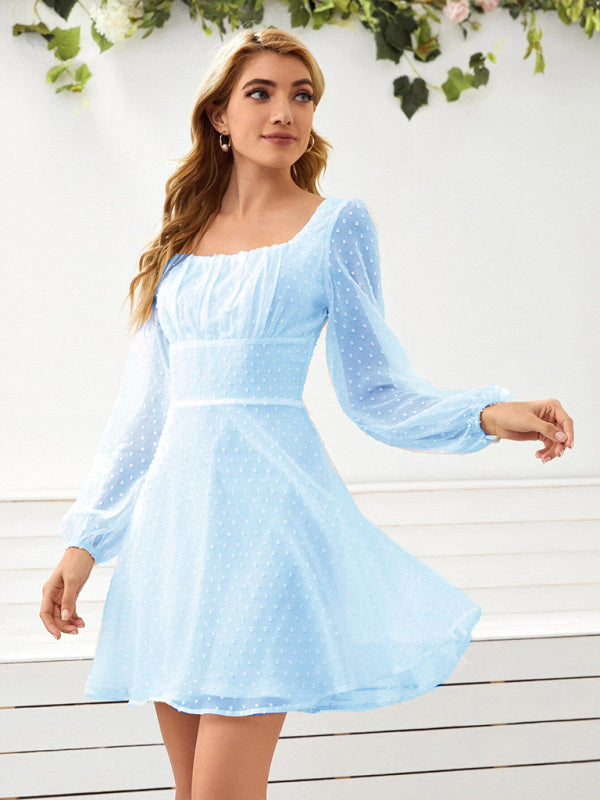 Dress- Elegant Swiss Dot A-Line Lantern Sleeve Square Neck Mini Dress- Clear blue- Pekosa Women Clothing