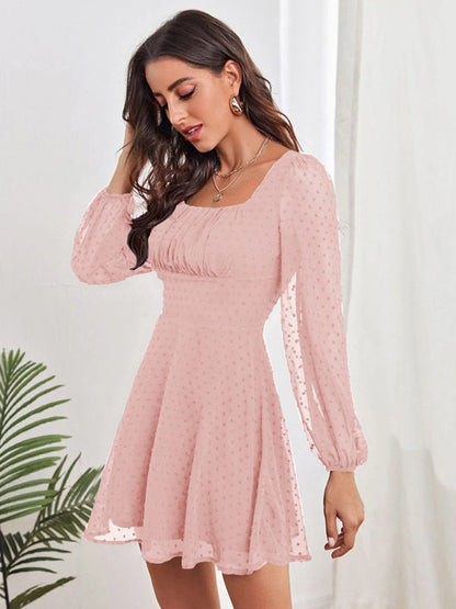 Dress- Elegant Swiss Dot A-Line Lantern Sleeve Square Neck Mini Dress- - Pekosa Women Clothing