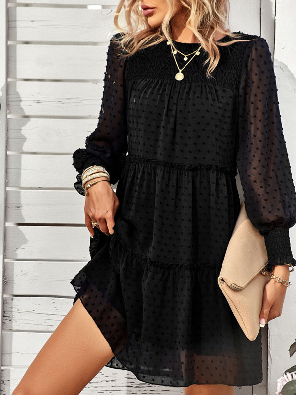 Dress- Elegant Swiss Dot Long Sleeve Tiered Mini Dress- Black- Pekosa Women Clothing