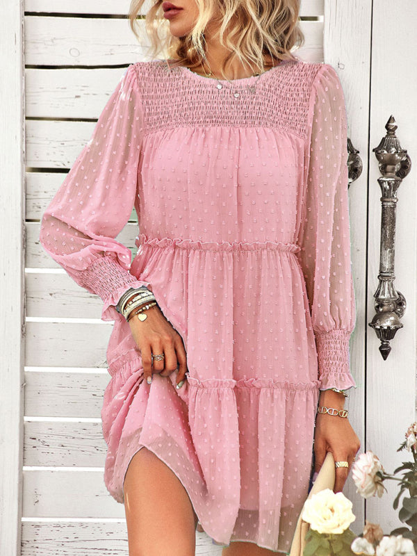 Dress- Elegant Swiss Dot Long Sleeve Tiered Mini Dress- Pink- Pekosa Women Clothing