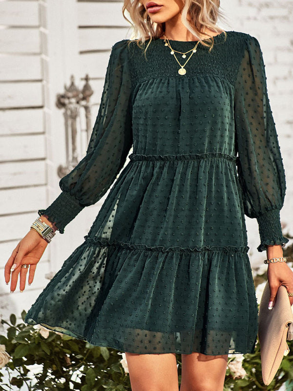 Dress- Elegant Swiss Dot Long Sleeve Tiered Mini Dress- Green- Pekosa Women Clothing