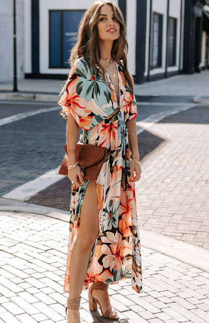 Dress- Elegant Vacation Plunge Floral Slit Maxi Dress- - Pekosa Women Clothing