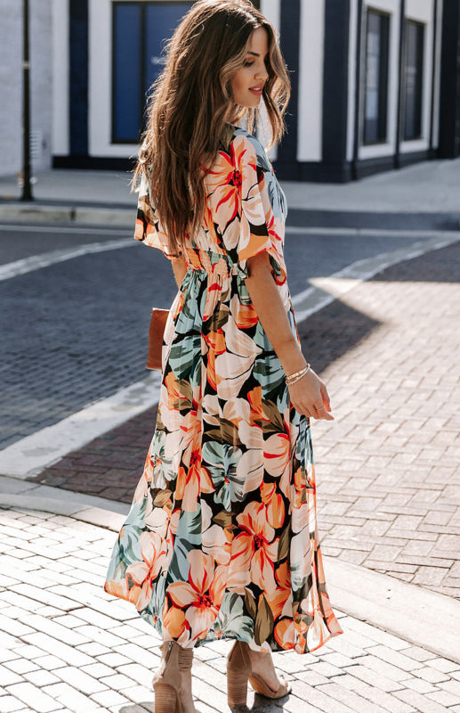 Dress- Elegant Vacation Plunge Floral Slit Maxi Dress- - Pekosa Women Clothing