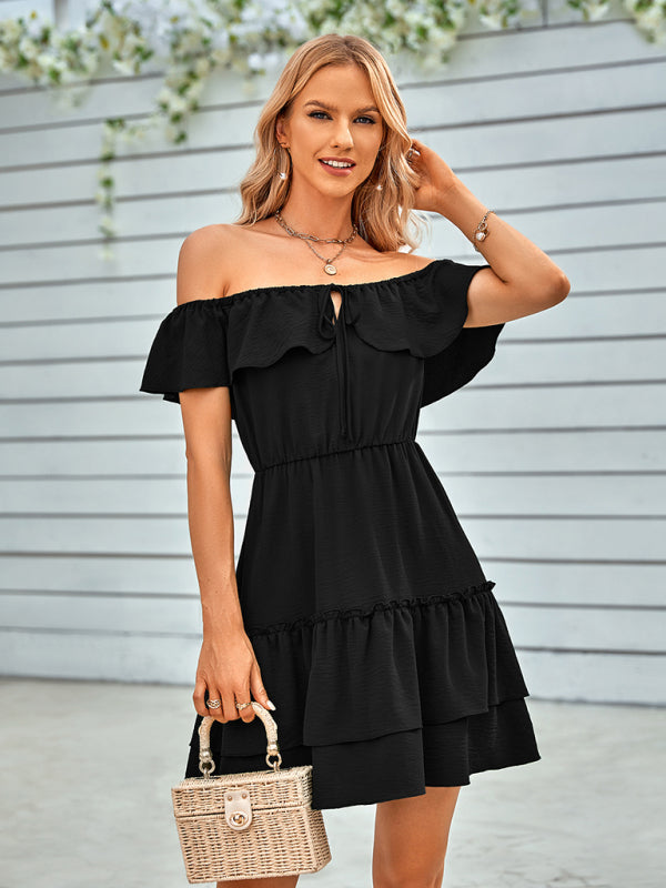 Dress- Enchanting Elegance: Women's Off-Shoulder Ruffle Layered Mini Dress- Black- Pekosa Women Clothing