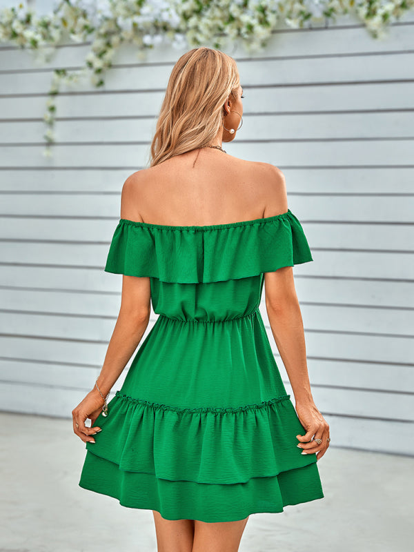 Dress- Enchanting Elegance: Women's Off-Shoulder Ruffle Layered Mini Dress- - Pekosa Women Clothing