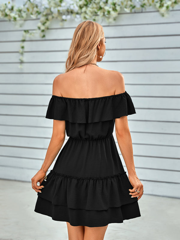 Dress- Enchanting Elegance: Women's Off-Shoulder Ruffle Layered Mini Dress- - Pekosa Women Clothing