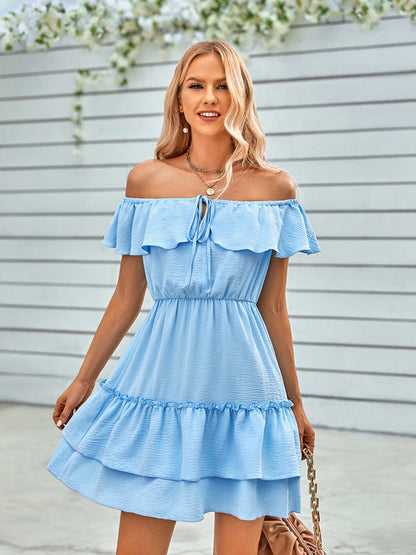 Dress- Enchanting Elegance: Women's Off-Shoulder Ruffle Layered Mini Dress- Clear blue- Pekosa Women Clothing