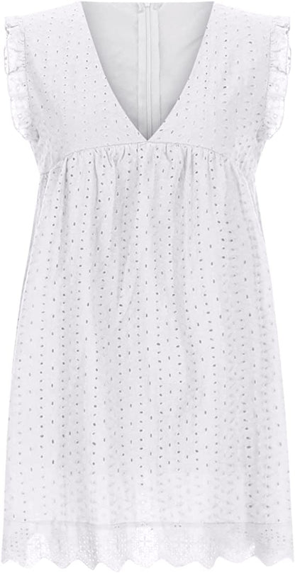 Dress- Eyelet Mini Dress with Pockets Side- - Pekosa Women Clothing