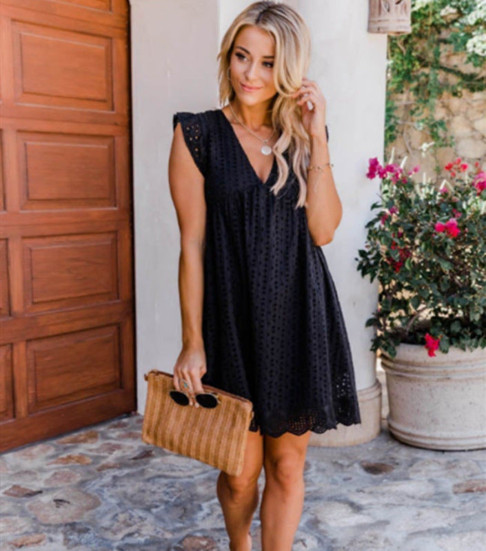 Dress- Eyelet Mini Dress with Pockets Side- Black- Pekosa Women Clothing