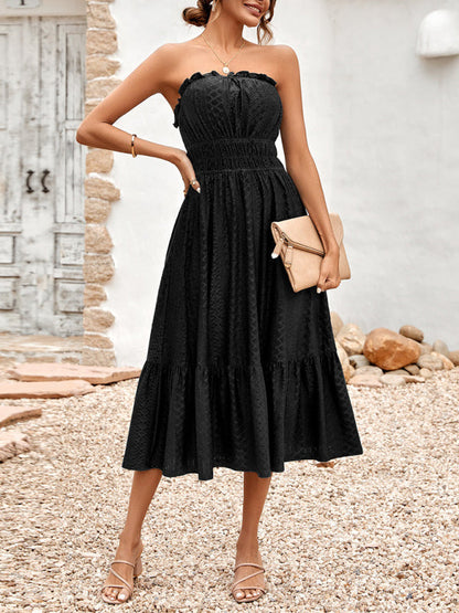 Dress- Eyelet Strapless Smocked Waist Tube Midi Dress- - Pekosa Women Clothing