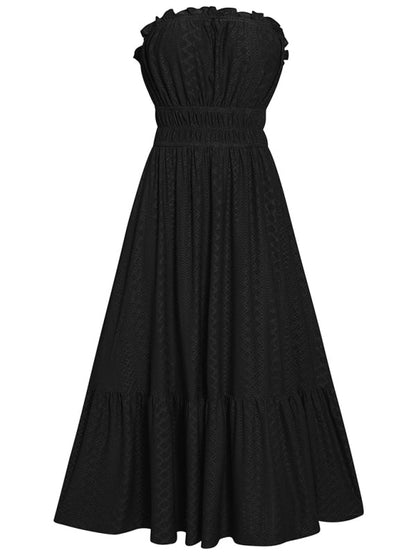 Dress- Eyelet Strapless Smocked Waist Tube Midi Dress- - Pekosa Women Clothing