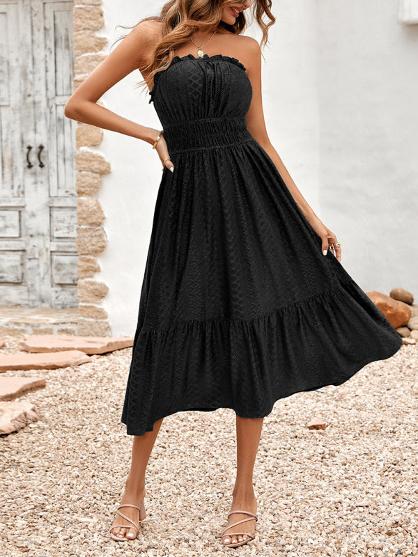 Dress- Eyelet Strapless Smocked Waist Tube Midi Dress- - Pekosa Women Clothing