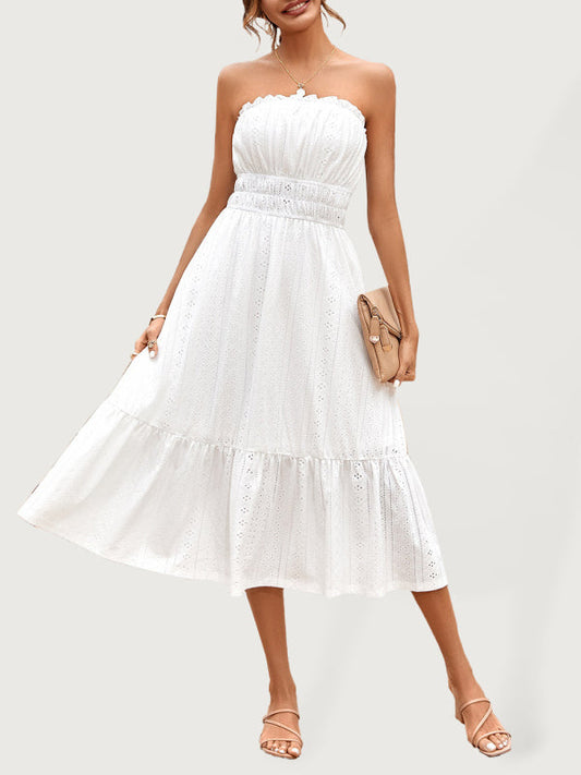 Dress- Eyelet Strapless Smocked Waist Tube Midi Dress- White- Pekosa Women Clothing