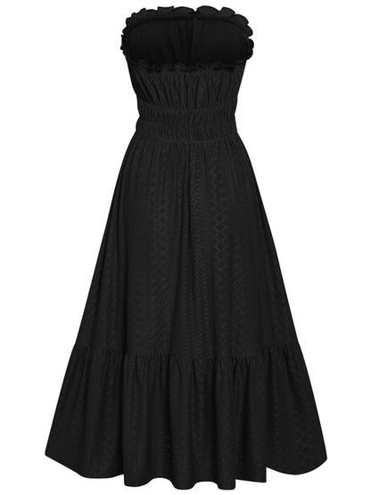 Dress- Eyelet Strapless Smocked Waist Tube Midi Dress- - Pekosa Women Clothing