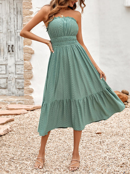 Dress- Eyelet Strapless Smocked Waist Tube Midi Dress- - Pekosa Women Clothing