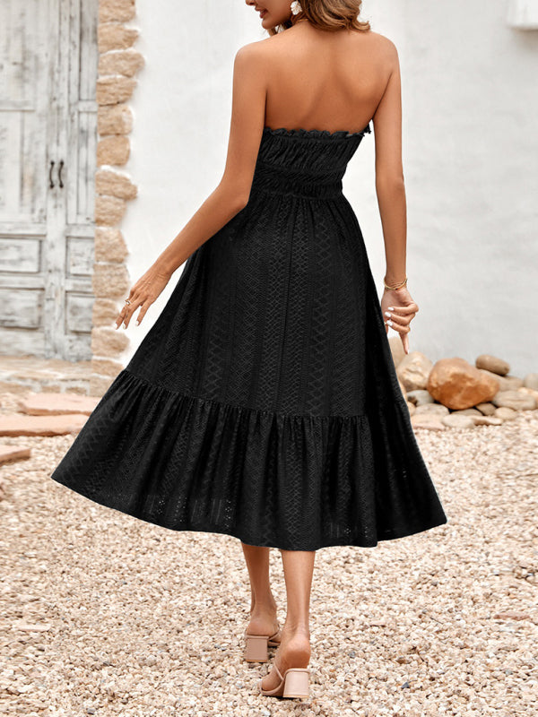 Dress- Eyelet Strapless Smocked Waist Tube Midi Dress- - Pekosa Women Clothing