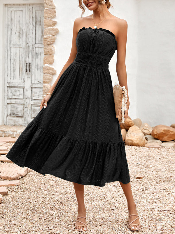 Dress- Eyelet Strapless Smocked Waist Tube Midi Dress- Black- Pekosa Women Clothing