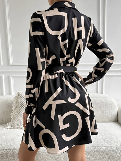 Dress- Feel Like a Queen in Our Regal Belted Shirt Dress with Letter Graphics- - Pekosa Women Clothing