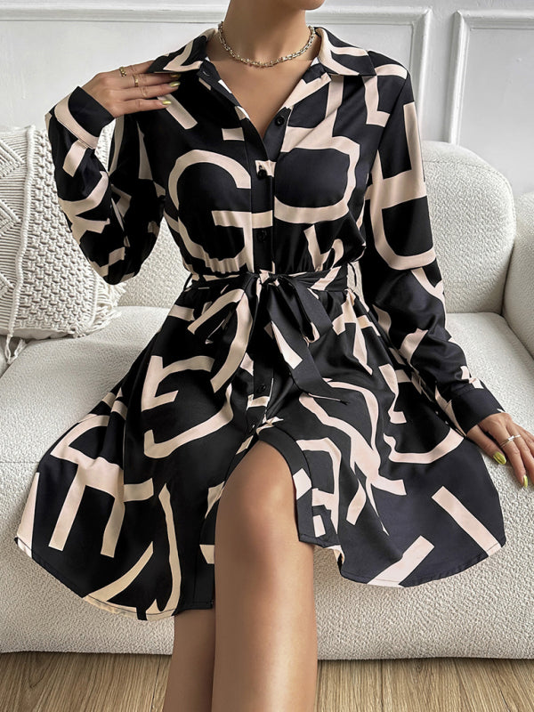 Dress- Feel Like a Queen in Our Regal Belted Shirt Dress with Letter Graphics- - Pekosa Women Clothing