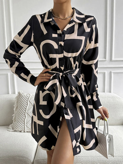 Dress- Feel Like a Queen in Our Regal Belted Shirt Dress with Letter Graphics- - Pekosa Women Clothing