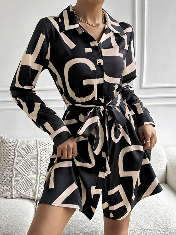 Dress- Feel Like a Queen in Our Regal Belted Shirt Dress with Letter Graphics- - Pekosa Women Clothing