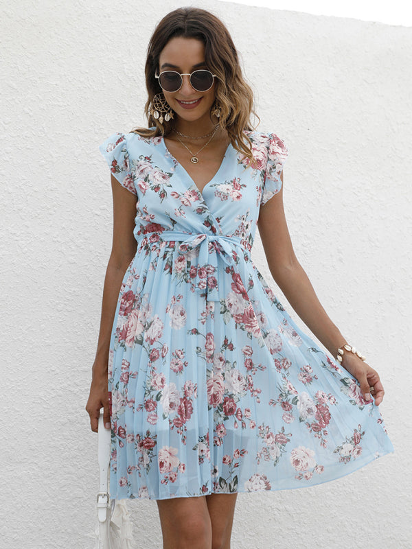 Dress- Floral A-Line Pleated Belted Flared Dress- - Pekosa Women Clothing