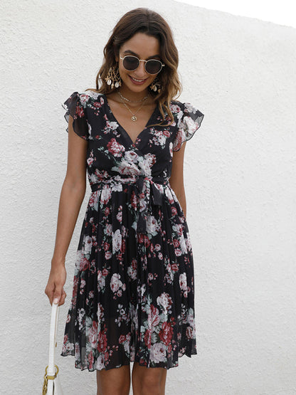 Dress- Floral A-Line Pleated Belted Flared Dress- - Pekosa Women Clothing