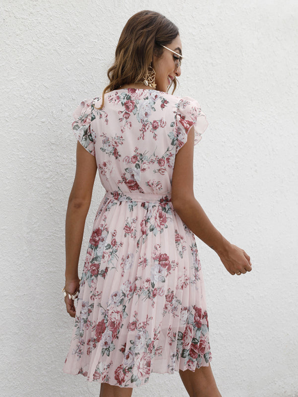 Dress- Floral A-Line Pleated Belted Flared Dress- - Pekosa Women Clothing