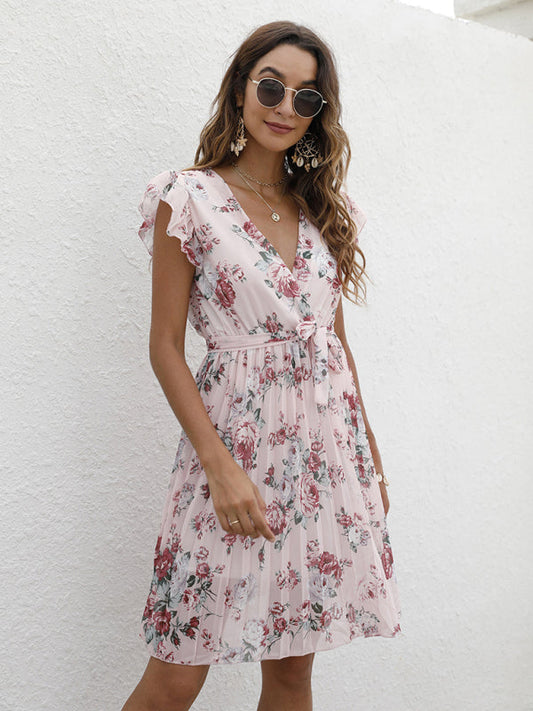 Dress- Floral A-Line Pleated Belted Flared Dress- Pink- Pekosa Women Clothing