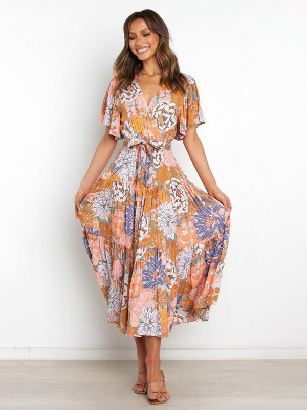 Dress- Floral A-Line Tiered Short Sleeve Waist Tie Midi Dress- Printing 4- Pekosa Women Clothing