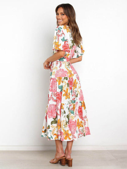 Dress- Floral A-Line Tiered Short Sleeve Waist Tie Midi Dress- - Pekosa Women Clothing