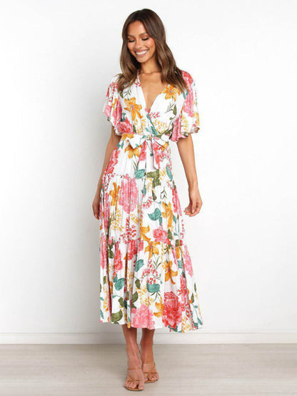 Dress- Floral A-Line Tiered Short Sleeve Waist Tie Midi Dress- - Pekosa Women Clothing