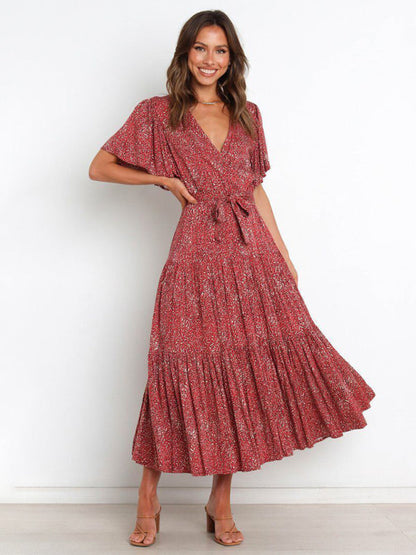 Dress- Floral A-Line Tiered Short Sleeve Waist Tie Midi Dress- Printing 3- Pekosa Women Clothing