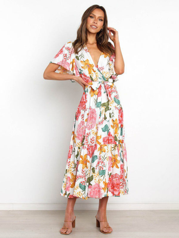 Dress- Floral A-Line Tiered Short Sleeve Waist Tie Midi Dress- - Pekosa Women Clothing