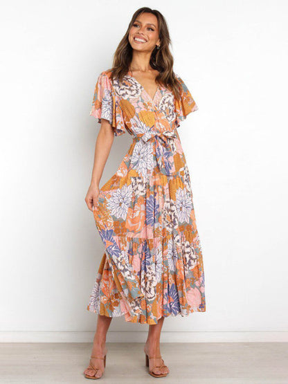 Dress- Floral A-Line Tiered Short Sleeve Waist Tie Midi Dress- - Pekosa Women Clothing