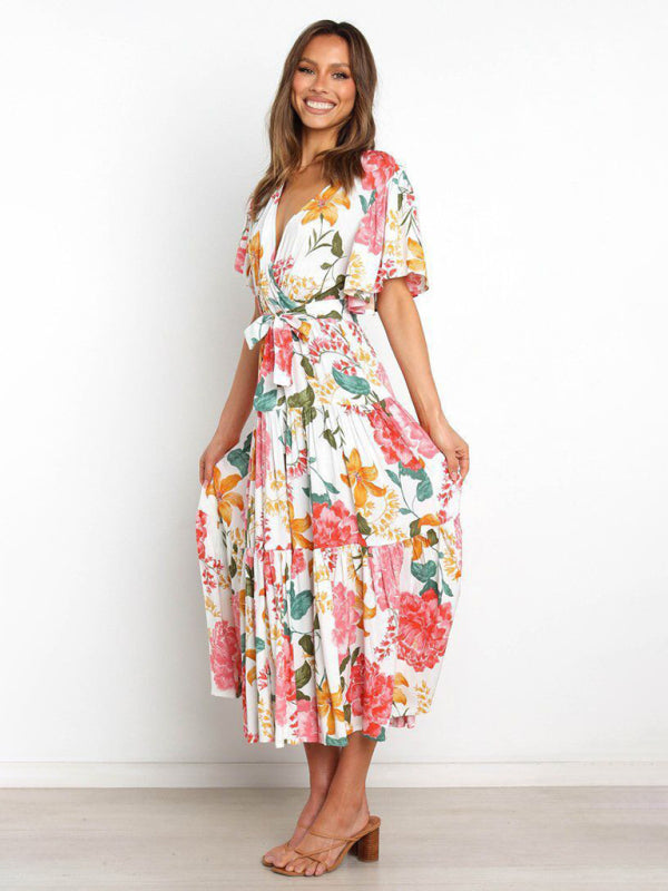 Dress- Floral A-Line Tiered Short Sleeve Waist Tie Midi Dress- - Pekosa Women Clothing