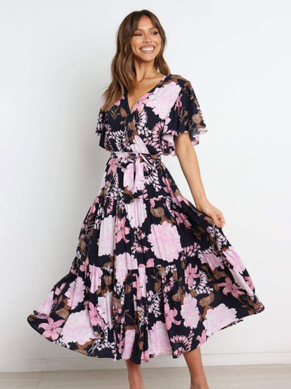 Dress- Floral A-Line Tiered Short Sleeve Waist Tie Midi Dress- Print 2- Pekosa Women Clothing