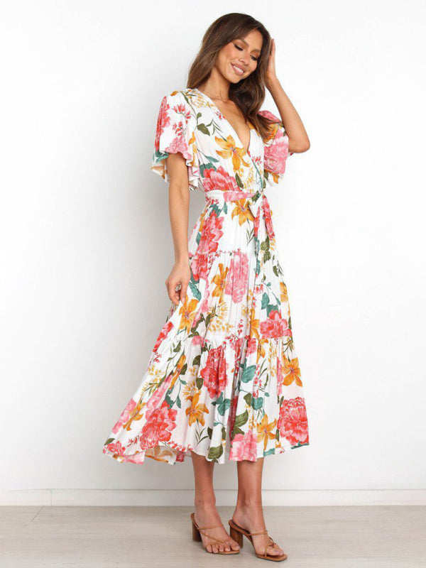 Dress- Floral A-Line Tiered Short Sleeve Waist Tie Midi Dress- - Pekosa Women Clothing