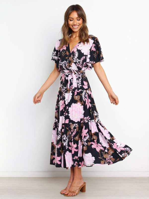 Dress- Floral A-Line Tiered Short Sleeve Waist Tie Midi Dress- - Pekosa Women Clothing