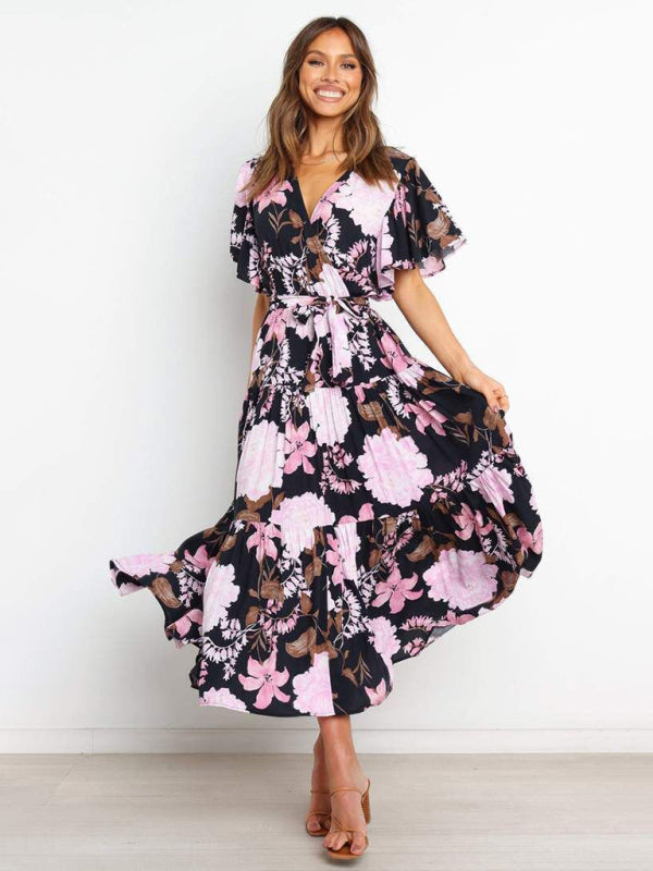 Dress- Floral A-Line Tiered Short Sleeve Waist Tie Midi Dress- - Pekosa Women Clothing