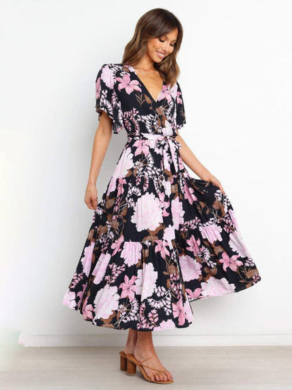 Dress- Floral A-Line Tiered Short Sleeve Waist Tie Midi Dress- - Pekosa Women Clothing