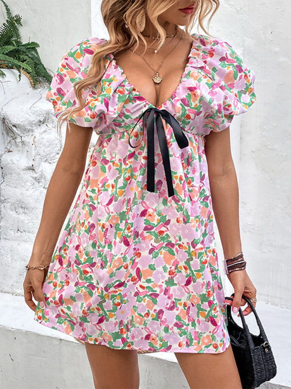 Dress- Floral Doll Puff short Sleeve Contrast Tie Mini Dress- - Pekosa Women Clothing