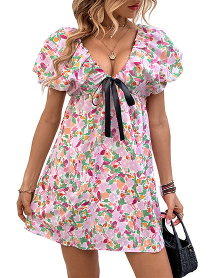 Dress- Floral Doll Puff short Sleeve Contrast Tie Mini Dress- - Pekosa Women Clothing