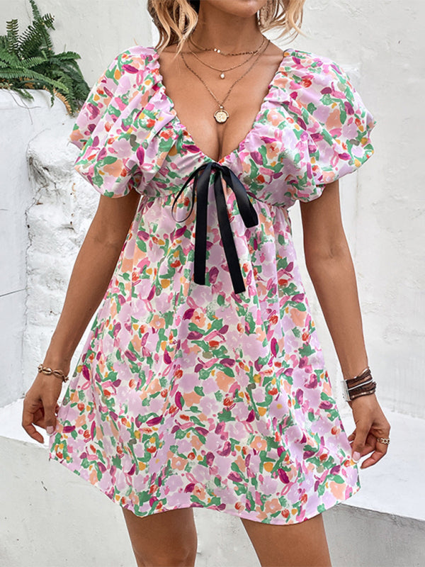 Dress- Floral Doll Puff short Sleeve Contrast Tie Mini Dress- Pink- Pekosa Women Clothing