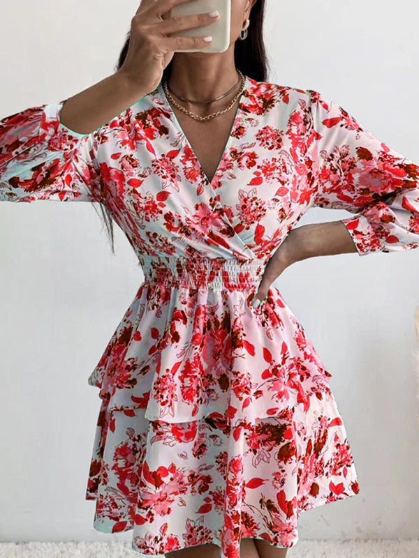 Dress- Floral Elegance Long Sleeve V Neck Pleated Tiered Mini Dress | Confident Chic Dress- Red- Pekosa Women Clothing