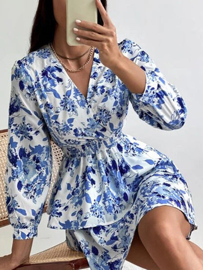 Dress- Floral Elegance Long Sleeve V Neck Pleated Tiered Mini Dress | Confident Chic Dress- - Pekosa Women Clothing