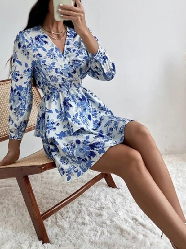 Dress- Floral Elegance Long Sleeve V Neck Pleated Tiered Mini Dress | Confident Chic Dress- - Pekosa Women Clothing