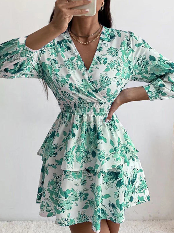 Dress- Floral Elegance Long Sleeve V Neck Pleated Tiered Mini Dress | Confident Chic Dress- Green- Pekosa Women Clothing