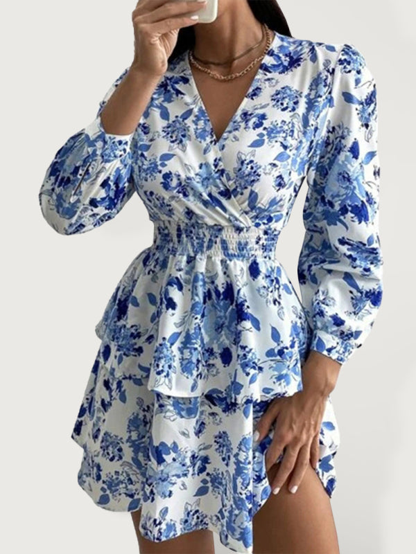 Dress- Floral Elegance Long Sleeve V Neck Pleated Tiered Mini Dress | Confident Chic Dress- Blue- Pekosa Women Clothing